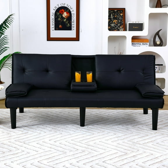 MAYEERTY 67" Convertible Sofa Bed PVC Loveseat Sofa with Cup Holder for Apartment, Living Room, Small Space, Black