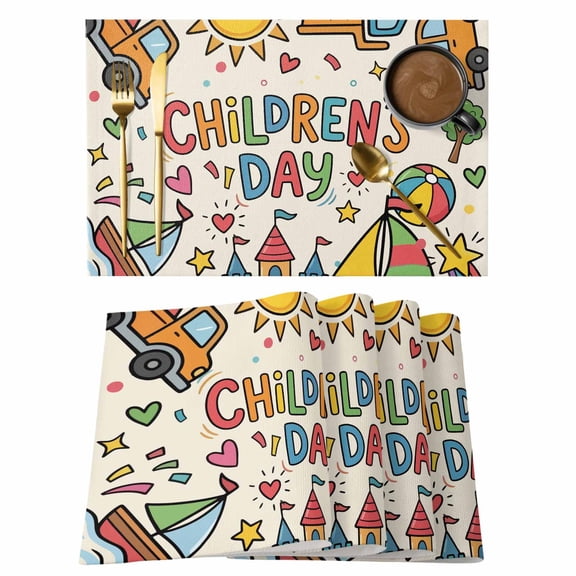 Beige Children's Day Placemats Set of 6 Car Tree Stars Modern Abstract Art Cartoon Place Mats Indoor Wipeable Table Mats Washable Dining Table Placemats for Kitchen Holiday Party Decor 13x19 Inch