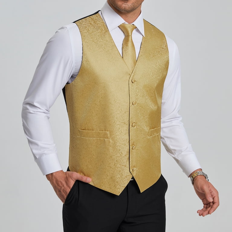 Men V-Neck Suit Vest Set, Gold, L, Polyester, 4pcs, Formal