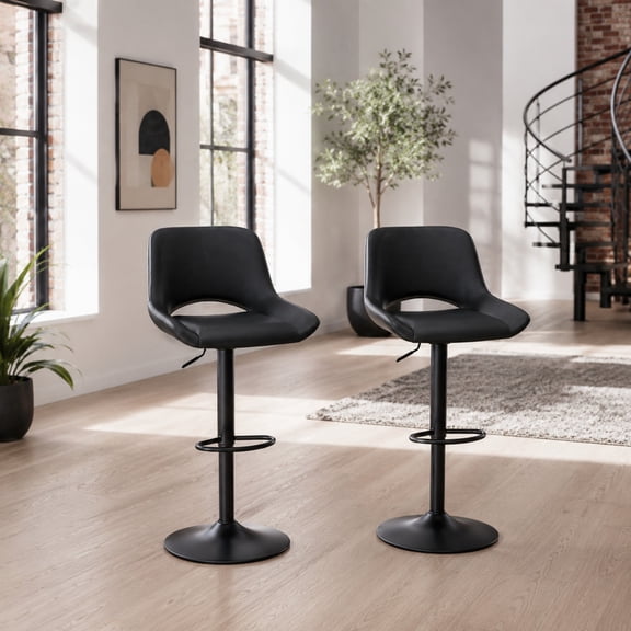 TesNus Bar Stools Set of 2 Modern Black PU Leather Swivel Adjustable for Kitchen Island Home