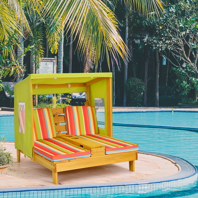 Costway Chaise Longue Double pour Enfants pour Patio avec Porte-Gobelets et Auvent