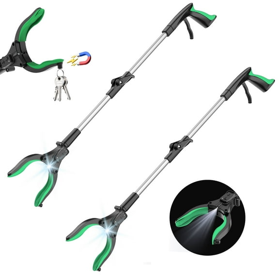 2PCS ORFELD Grabber Tool 32" Steel Magnetic Claw with LED Light, Lightweight Foldable Reacher Grabber Pickup Tool, Reaching Aids for Senior, Reaching Tool Trash Picker Grabber, Green