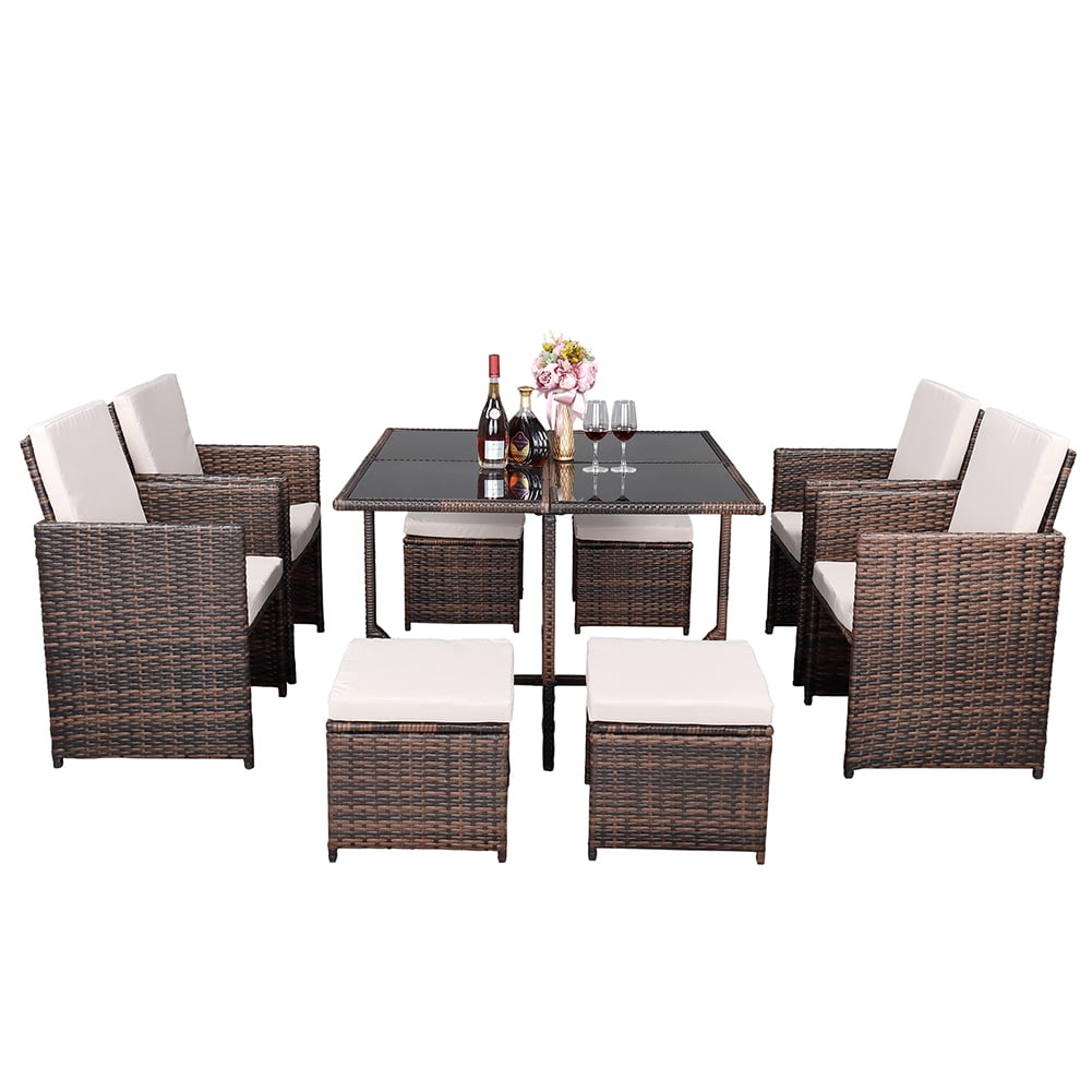 Lowestbest 9Pcs Patio Wicker Sets, Dining Furniture Sets with Glass Table, Rattan Chairs and Ottoman Lowestbest 9Pcs Patio Wicker Sets, Dining Furniture Sets with Glass Table, Rattan Chairs and Ottoman