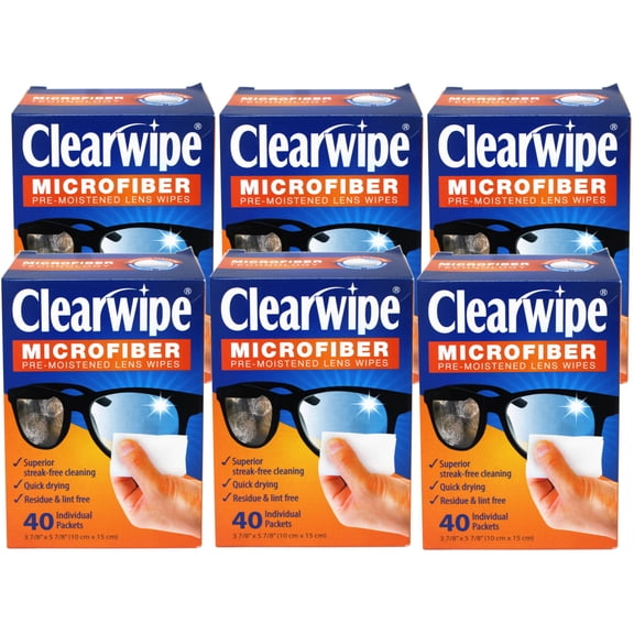 6 Pack - ClearWipe Microfiber Pre-Moistened Lens Wipes, 40 Individual Packets