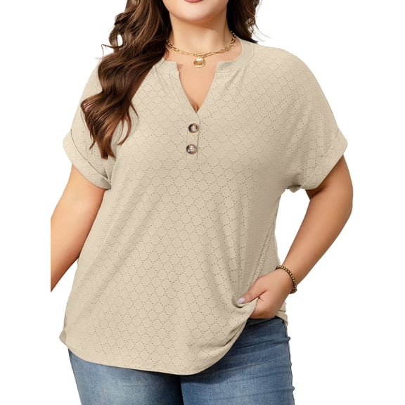 Cuteduck Womens Plus Size Short Sleeve Henley V-Neck Button Top Lace Textured Blouse 1X-5X