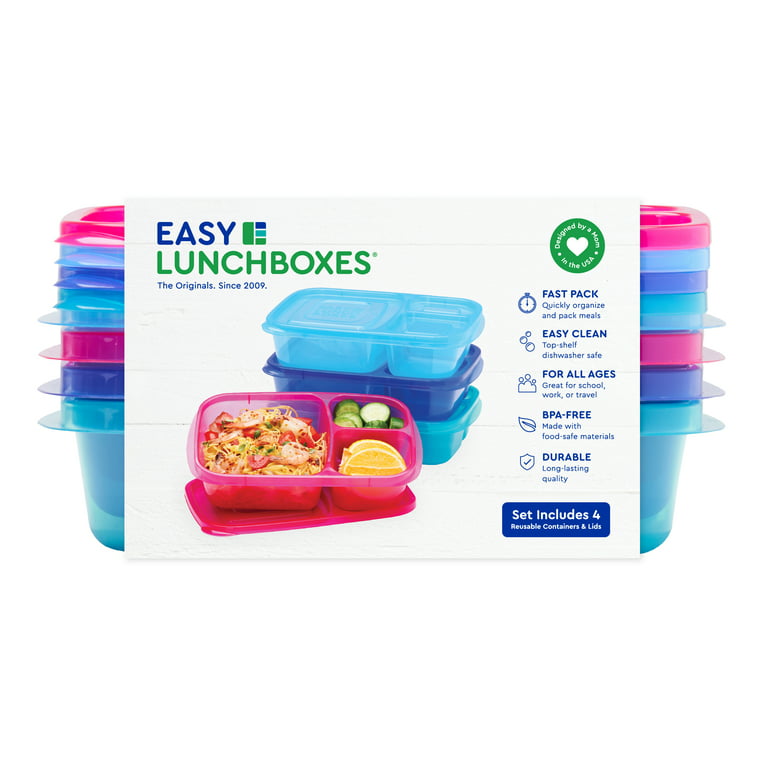 Easylunchboxes - Bento Lunch Boxes - Reusable 3-Compartment Food Containers for School, Work, and Travel, Set of 4, (Jewel Brights), Multicolor