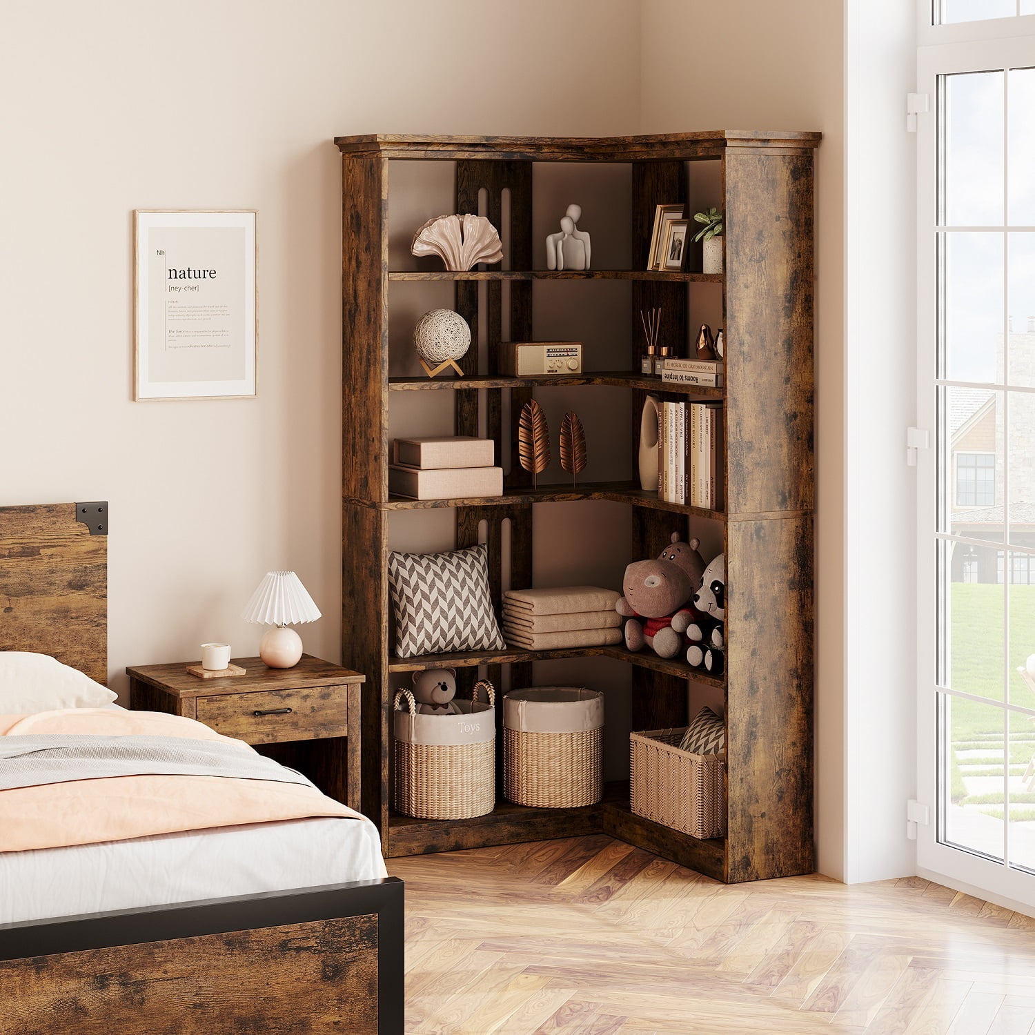 EuKer 5 Tier Corner Bookcase, L-Shaped Bookshelf with Large Storage Capacity for Living Room, Bedroom, Office (Half Panel, Retro Brown)