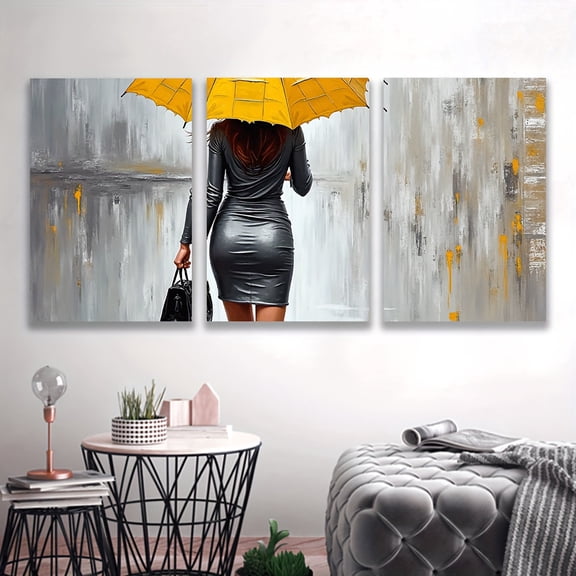 3pcs Frameless Canvas Wall Art - "The Woman Walked In" Spray-Painted Vertical Triptych, Art Deco Style with Bold Yellow Umbrella & Neutral Tones, Modern Home Decor for Living Room, Bedroom, Office -