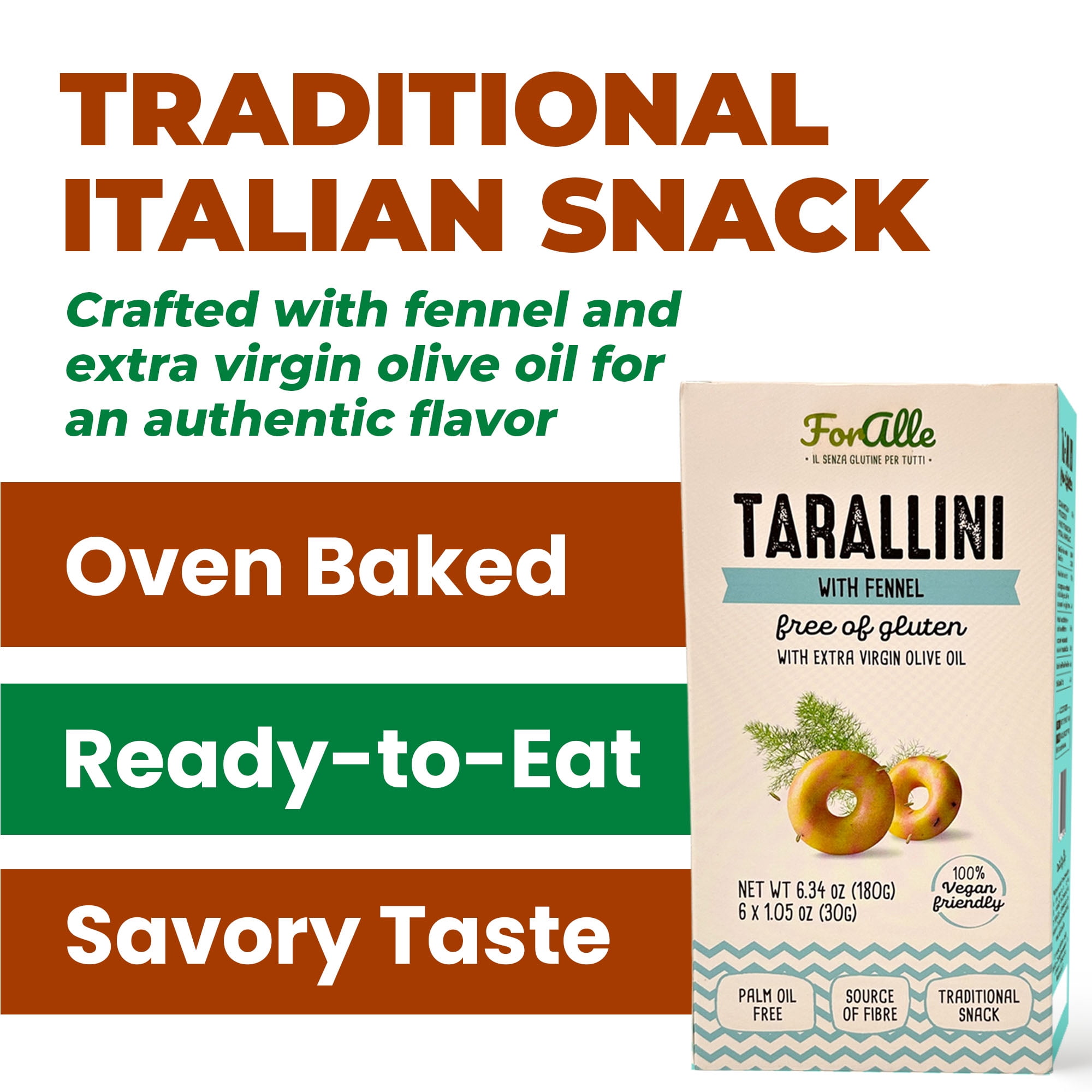 For Alle Gluten-Free Tarallini with Fennel and Extra Virgin Olive Oil, 6x1.05 oz (6.34 oz) – Traditional Italian Pugliese Snack. Oven-Baked. Vegan. Cholesterol-Free. (Pack of 4)
