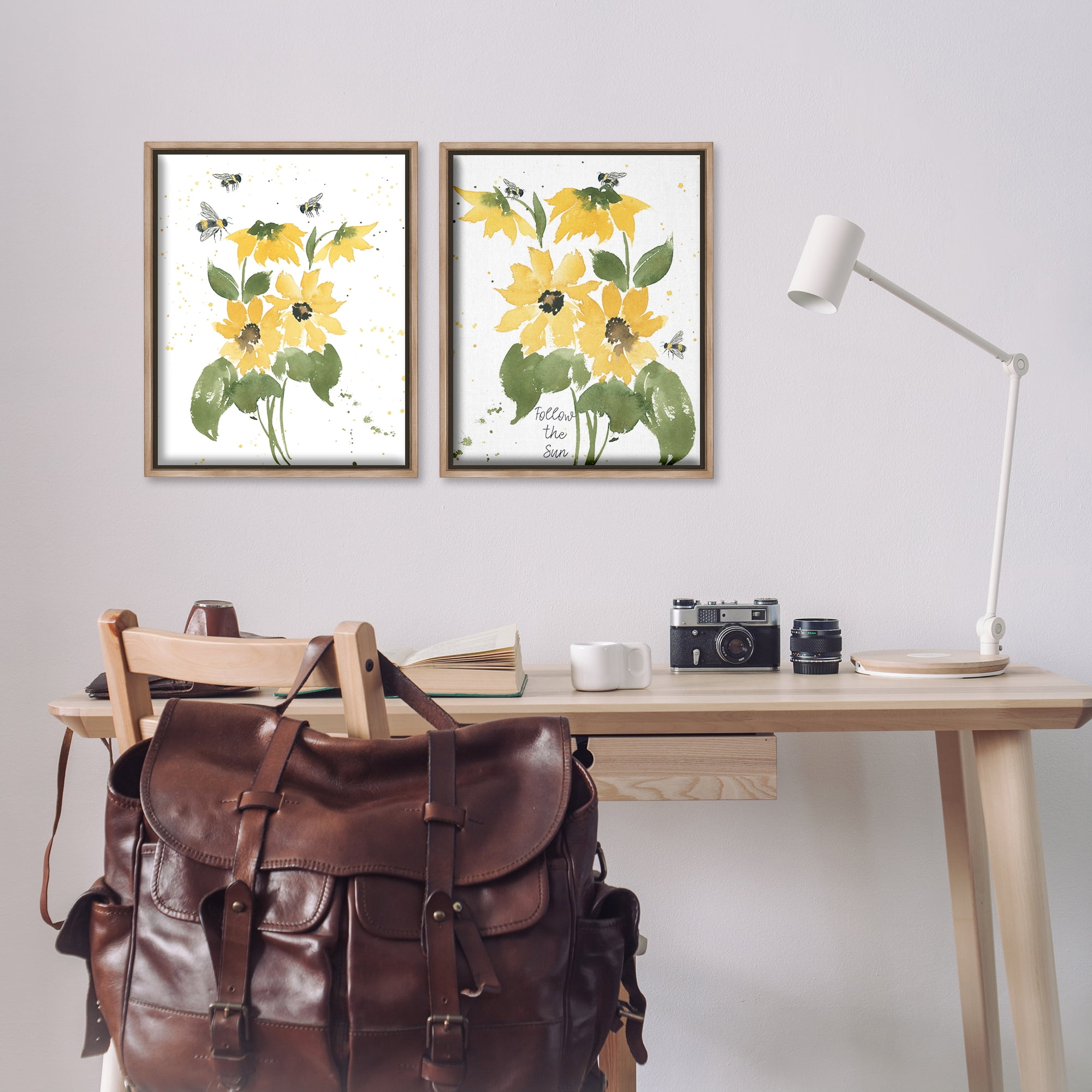 Stupell Industries Follow the Sun Flowers Plants & Flowers Painting Brown Floater Framed Canvas Art Print Wall Art, 17 x 21, Set of 2