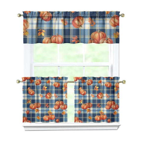 Fall Kitchen Curtains 24 Inch Short - 3 Panel Set, Autumn Harvest Print, Rod Pocket Window Treatment for Thanksgiving, Farmhouse, Cafe, Living Room - Machine Washable