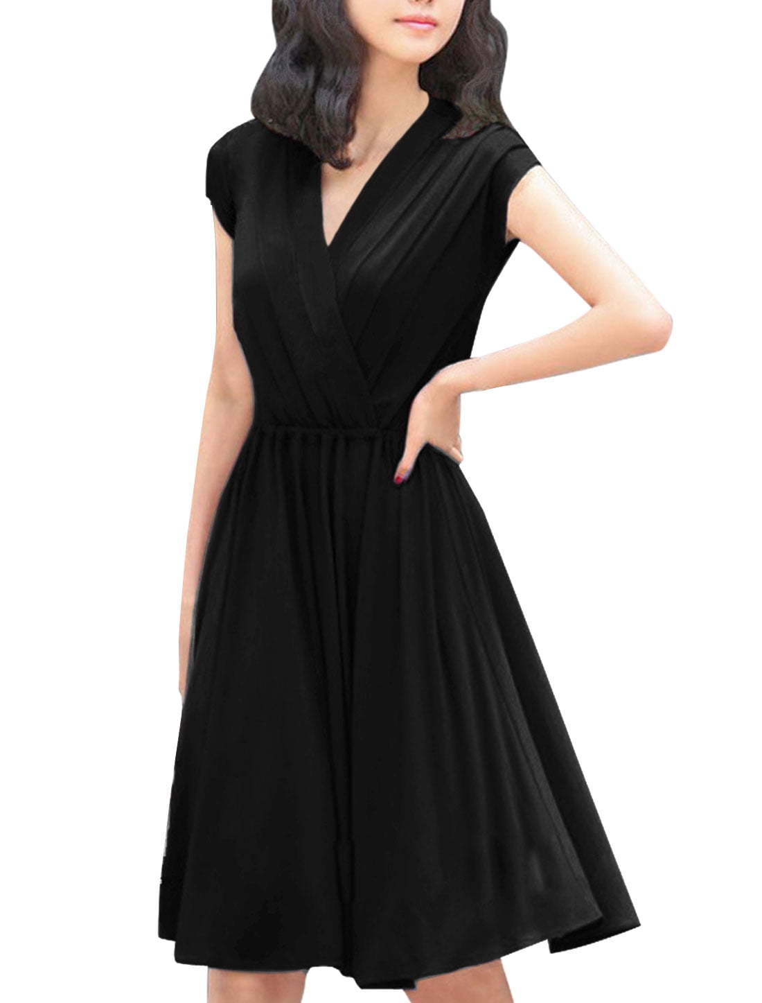 Unique Bargains Women's Deep V Neck Crossover Short Sleeve Knee Dress