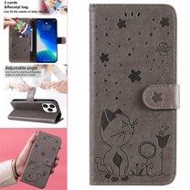 SaniMore for iPhone 14 Pro Max 6.7" 2022 Case, PU Leather Skin with Embossed Cat Flip Magnetic Cover Card Slots Kickstand Detachable Lanyard Full Around Wallet Case For iPhone 14 Pro Max,Gray