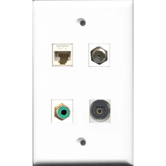 RiteAV 1 Port RCA Green and 1 Port Coax Cable TV- F-Type and 1 Port Toslink and 1 Port Cat6 Ethernet White Wall Plate
