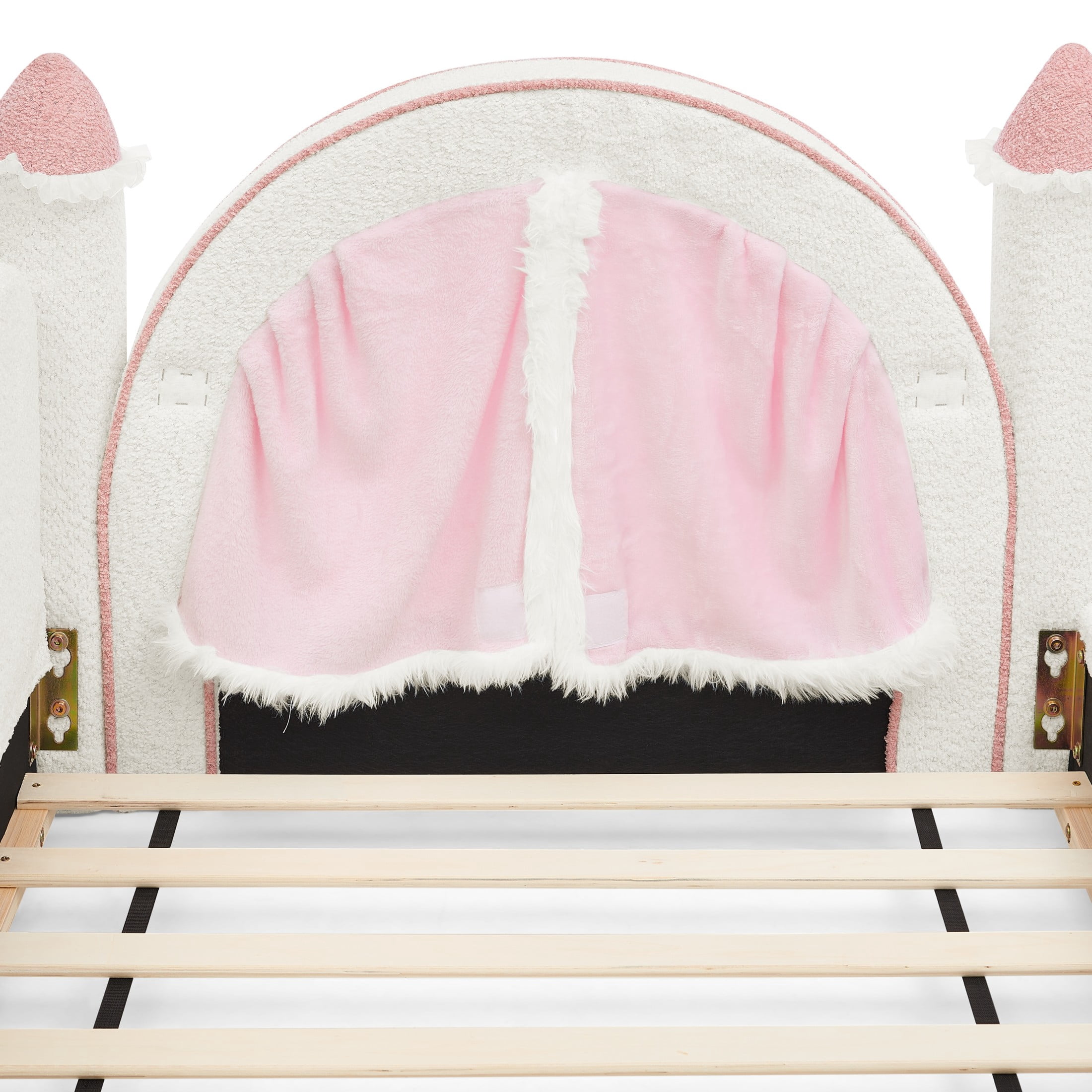 GDF Studio Solley Twin Size Castle Bed with Safety Guardrails, Curtain & Wood Frame, Boucle Upholstered Bed, White