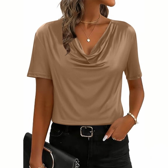 ClodeEU Womens's Satin Cowl Neck Summer Short Sleeve T Shirt,Trendy Loose Blouse Khaki,Womens Plus M