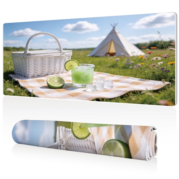 LIVEKEY Extra Large Mouse Pad 80x40x0.3cm Picnic Basket with Drink on Floral Meadow Design Full Desk Coverage Non Slip Surface Durable Easy Clean Stitched Edges for Gaming and Office