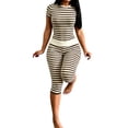 thumbnail image 2 of Holzkary Striped Two Piece Loungewear Set, Crew Neck Short Sleeve Slim Crop Top High Waist Capri Leggings Stretch Matching Outfit, Home Sleepwear Gym Training Clothes Summer Fall Outfits Brown L, 2 of 4