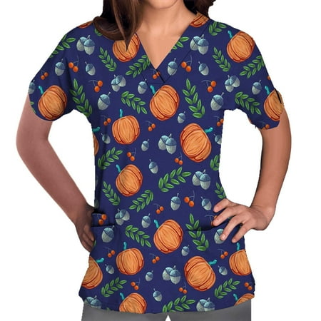 

CYMMPU Short Sleeve Scrub_Tops with Pockets Clearance Women s Shirts Trendy Clothing Summer Tunic Nurse Halloween Uniform Workwear V-Neck Working Uniform Retro Pumpkin Printing Fashion Blue M