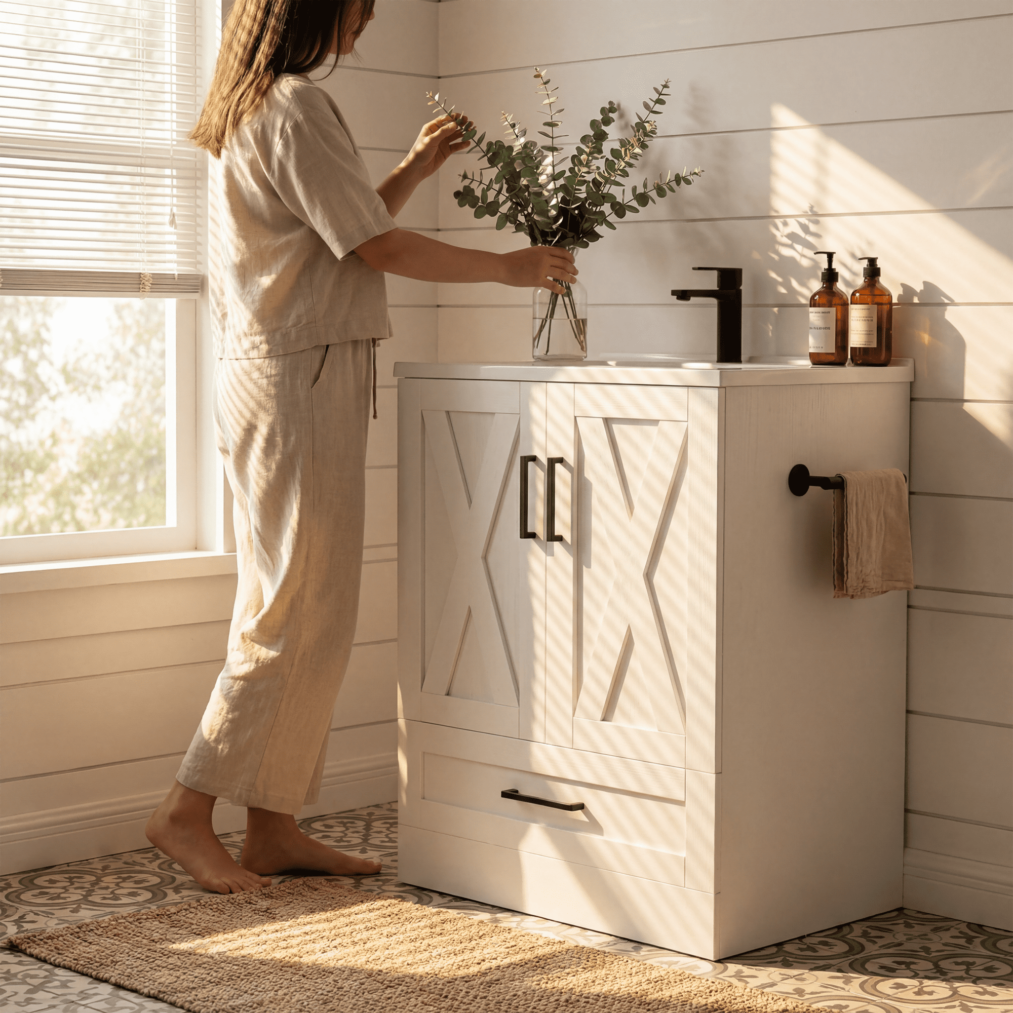 Homall 24'' Bathroom Vanity with Sink, Freestanding Bathroom Cabinet with 2 Door & 1 Drawer, Farmhouse Bathroom Vanity with Basin, White