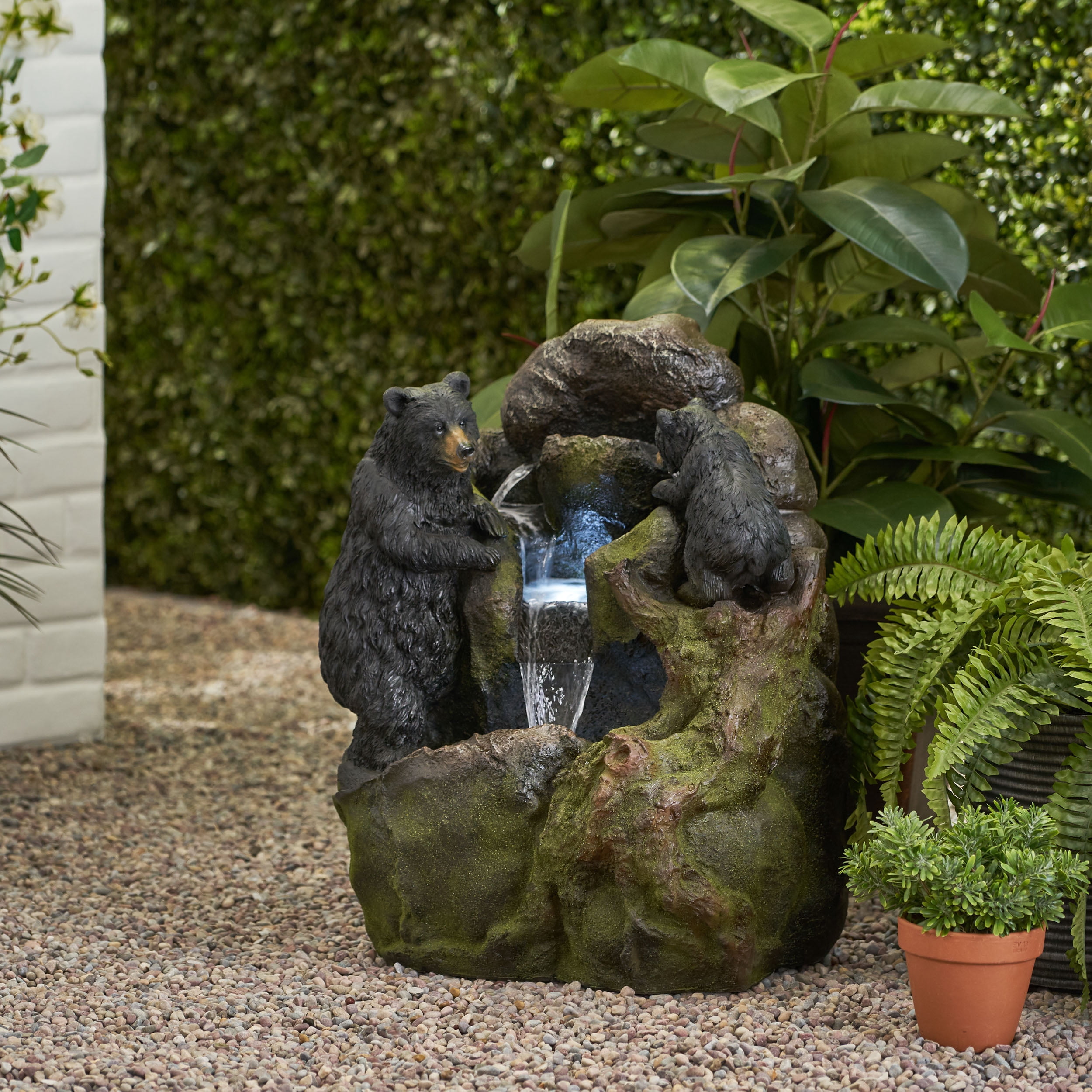 GDF Studio Hensel Outdoor 2 Tier Bear Fountain, Moss and Black