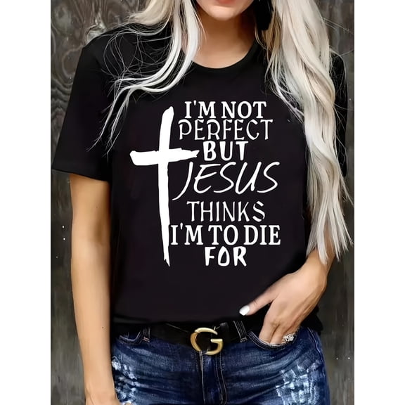 Plus Size Cross & Letter Print T-Shirt, Casual Short Sleeve Top For Spring & Summer, Women's Plus Size Clothing