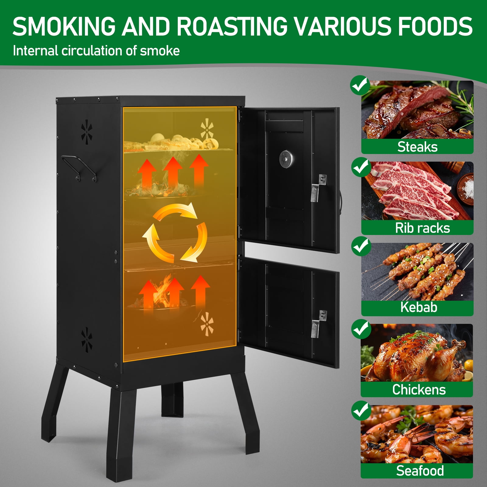 TOPCOMFY Outdoor Smoker with Double Doors, 2 Detachable Grill Racks, Thermometer, Charcoal and Water Pan, Adjustable Air Vents for BBQ, Camping, Backyard Grilling