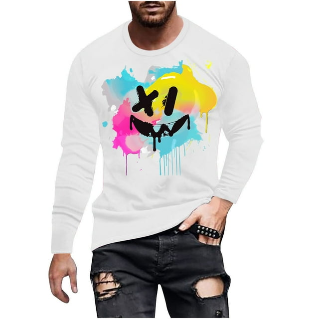 Fashion Men's Print Top, Long Sleeve Crew Neck, Smiley Face Top Shirt