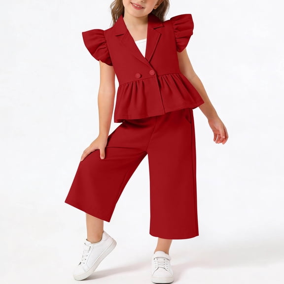 hengsof Girls 2 Piece Set Girls Button Lapel Ruffle Sleeve Top Casual Pants Suit Fashionable Sweet Skirt Top Pants Suit V Neck Vest Suit