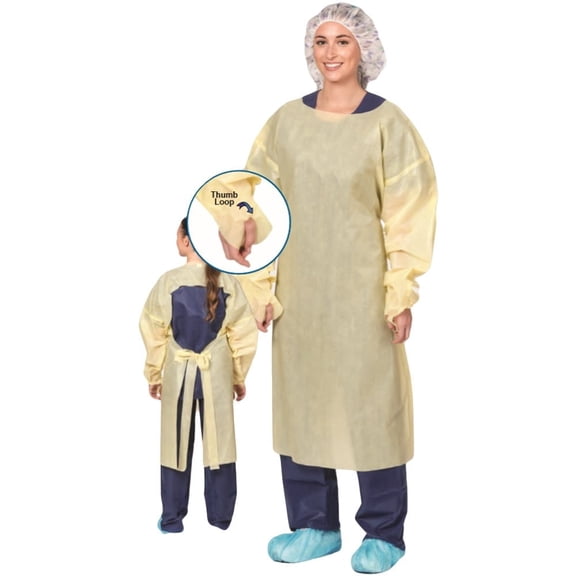 Protective Gown Over-the-Head Thumb Loop with Open Back- Yellow Isolation Gowns (10PK)