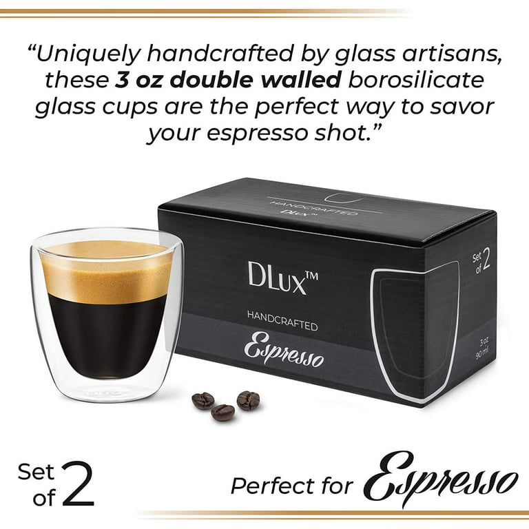 Dlux Espresso Coffee Cups 3oz, Double Wall, Clear Glass Set of 2 Glasses, Insulated Borosilicate Glassware Tea Cup Mug