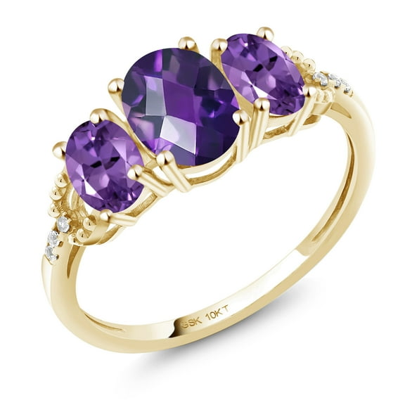 Gem Stone King 10K Yellow Gold Oval Checkerboard Purple Amethyst and Diamond Engagement Ring for Women (1.67 Cttw, Gemstone Birthstone, Size 7)