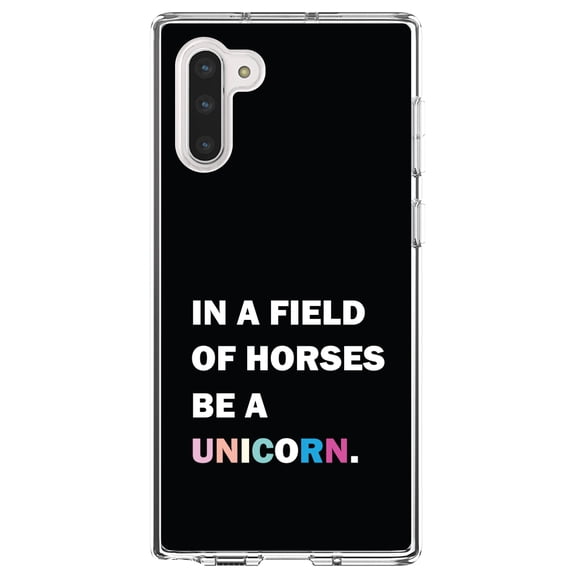 DistinctInk Clear Shockproof Hybrid Case for Samsung Galaxy Note 10 (6.3" Screen) - TPU Bumper, Acrylic Back, Tempered Glass Screen Protector - In a Field of Horses, Be a Unicorn - Rainbow