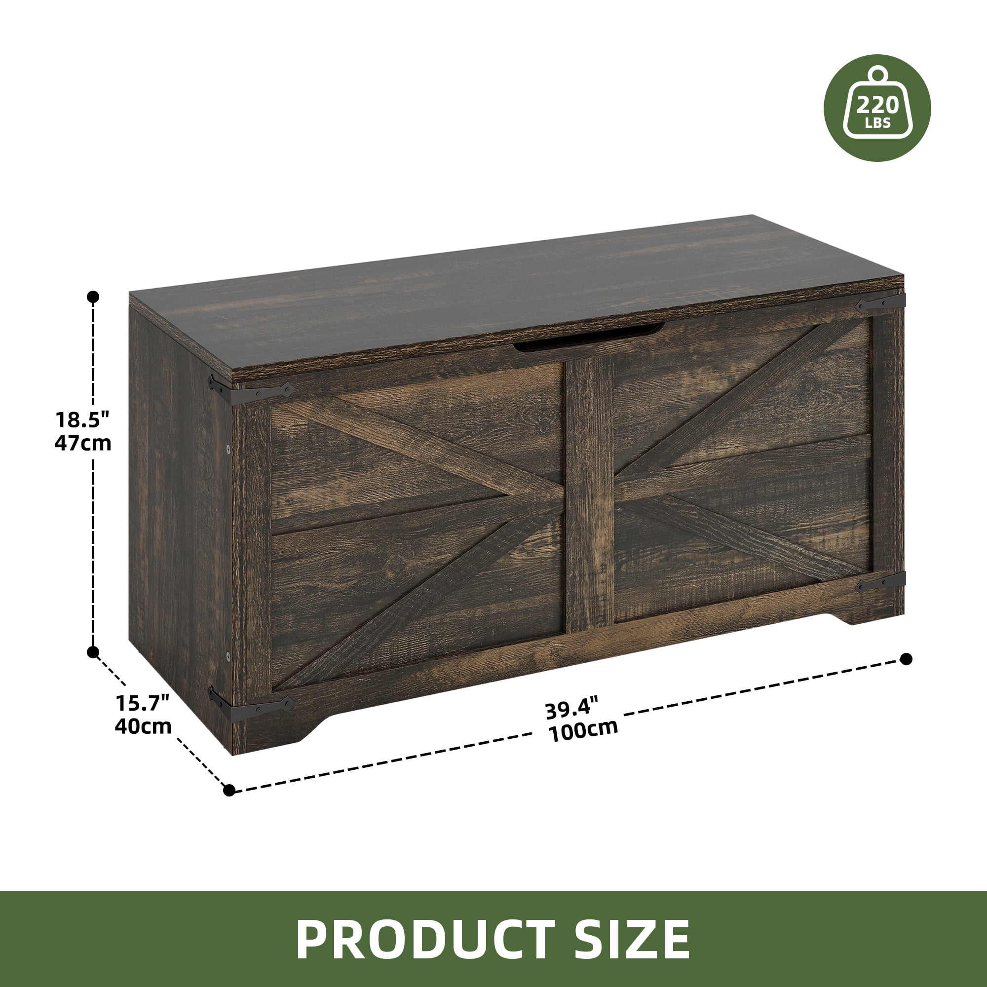 Uforic 39.4" Farmhouse Storage Bench, Wooden Chest with Safety Hinges, Shoe Organizer for Entryway - Rustic Brown