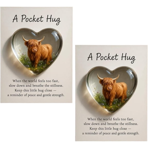 A Pocket Hug Highland Cow, Emotional Support Heart Highland Cow Pocket Hug Token with Inspirational Card 2D