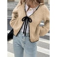thumbnail image 4 of Women'S Tie Front Bow- Cardigan Sweaters Chunky Knit Long Puff Sleeve Trendy Fall Winter Jacket Coats Brown M, 4 of 5