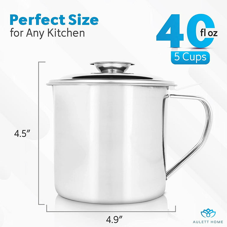 Aulett Home Bacon Grease Container With Strainer - 5 Cup Stainless