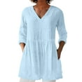 thumbnail image 2 of YOZGXEG Long Sleeve Shirts For Women Women Spring Summer Cotton Linen V Neck Mid Sleeve Mid Length Loose Casual Basic T Shirt Top Blue S-3Xl, 2 of 5
