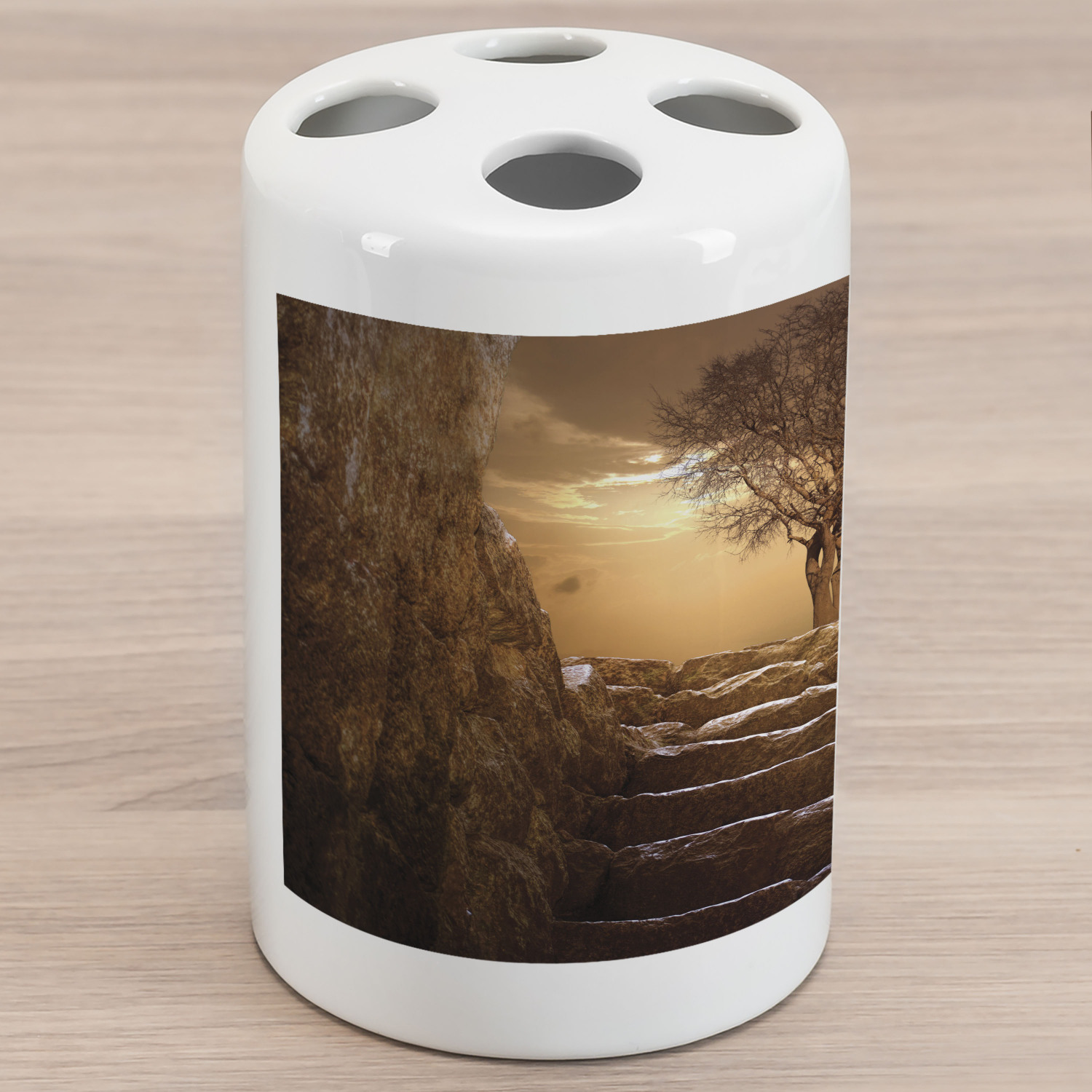 Tree Ceramic Toothbrush Holder, Treet Entrance with Stone Stairs Sun Rays Cloudy Sky Winter Landscape Monochromic View, Decorative Versatile Countertop for Bathroom, 4.5' X 2.7', Brown, by Ambesonne