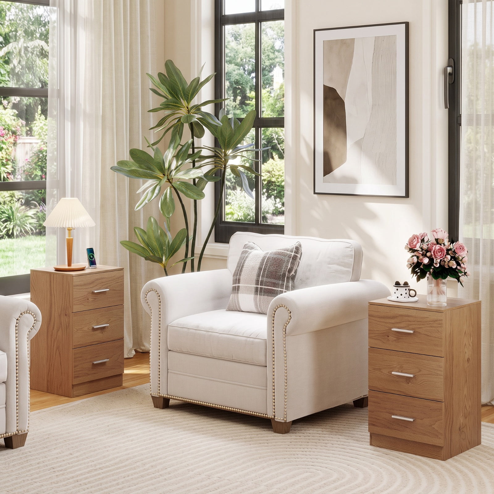 Furnibear Nightstand with Charging Station End Table with 3 Storage Drawers Bedside Table for Bedroom for Bedroom Living Room Bedside Sofa, Natural