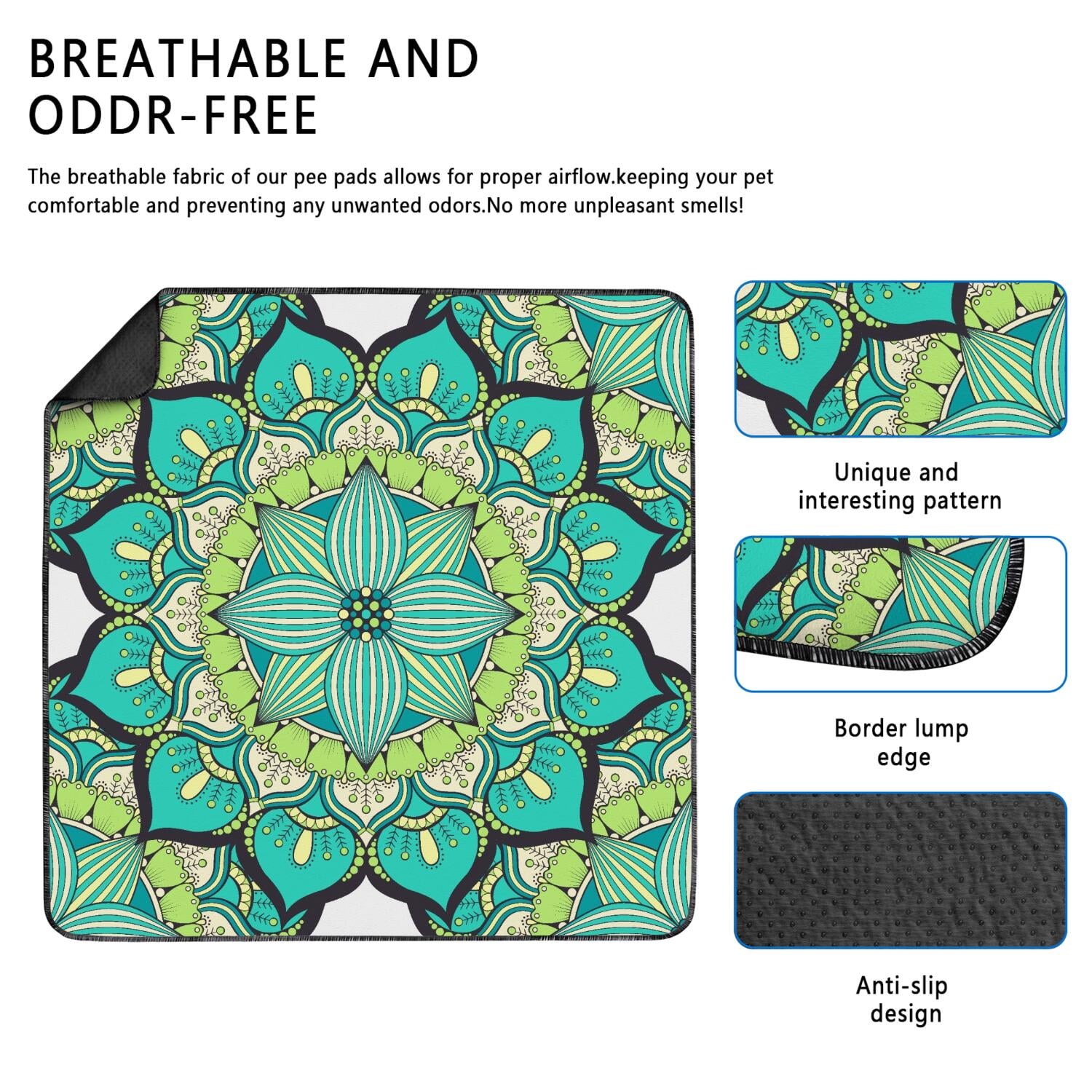 48" x48" Extra Large Washable Pee Pads Mandala, Reusable Dog Potty Pads with Non-Slip Backing, Absorbent Mat for Indoor Training Use.