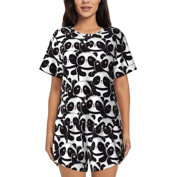 Fotbe Panda Conjunto de Pijama Estampado para Mujer, 2 Piezas, Ropa de Dormir con Camiseta de Manga Corta y Shorts Suaves-Small