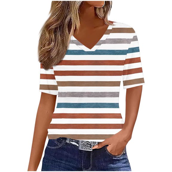Bixock Women Lightweight Casual Tops,Blouse for Women,Gradient Color V Neck Short Sleeve Modern Comfortable Fashion Top