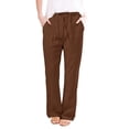 thumbnail image 2 of Tuphregyow Women's Trousers Clearance Solid Breathable Classic Cotton Linen Straight Leg Casual Pants Trendy High Waist Drawstring with Pockets Leisure Lightweight New Style Brown XXXXL, 2 of 5