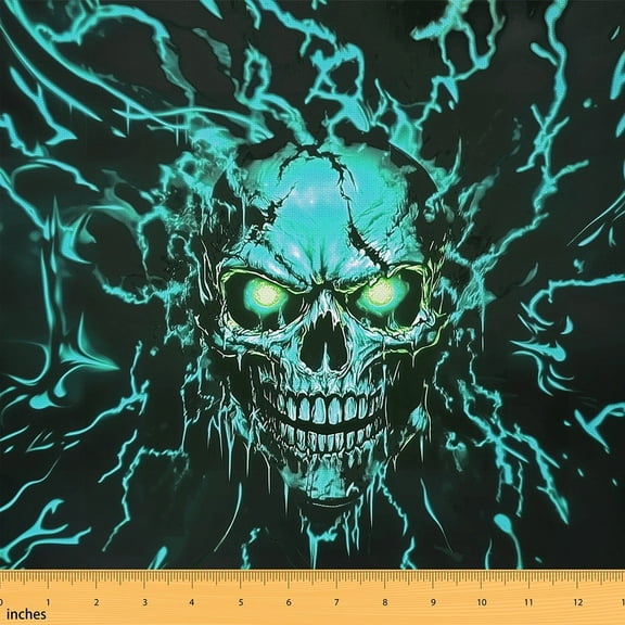 Feelyou Neon Skeleton Child Fabric by the Yard 1 Yard, Cyan Lightning Sewing Fabric, Gothic Halloween Style Home Decor Fabric by the Yard, Breathable Home Decor