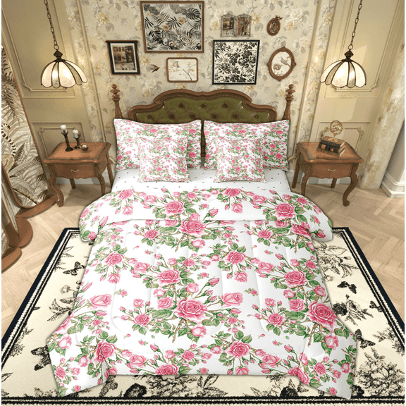 Manfei Pink Rose Bed in a Bag Twin size, Vintage Floral Flower Bedding Sets Twin Size, Spring Garden Reversible Bedding Twin Size, Breathable Room Decoration, 7-Piece
