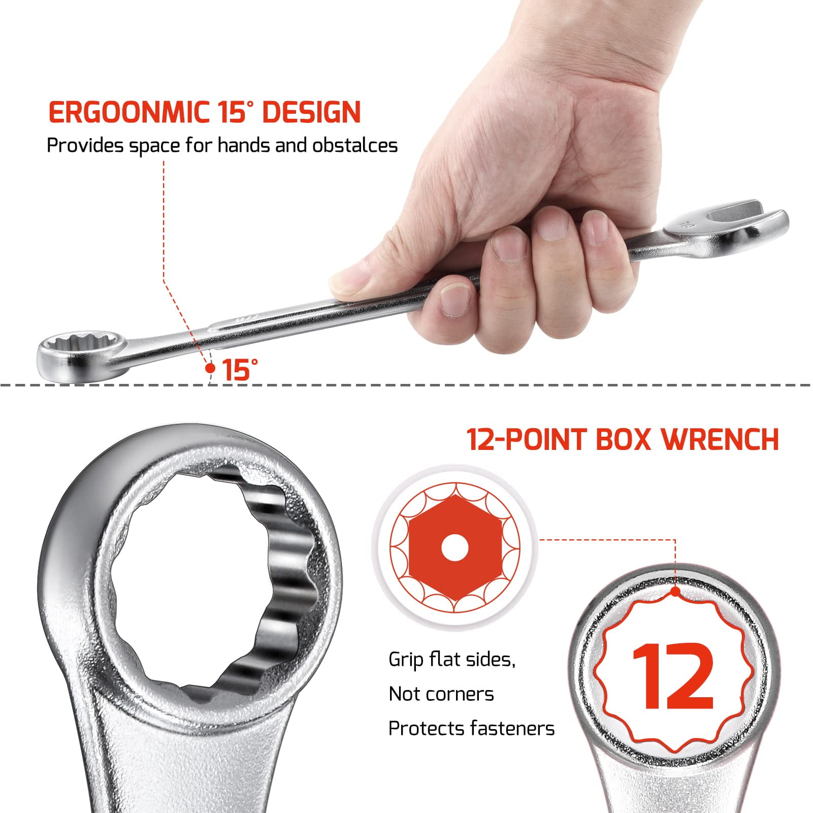 Combination Wrench Set,10-Piece SAE & Metric Wrench Set 12-Point Chrome Vanadium Steel Wrenches 22mm-32mm and 1" to 1-1/5" with Rolling Pouch