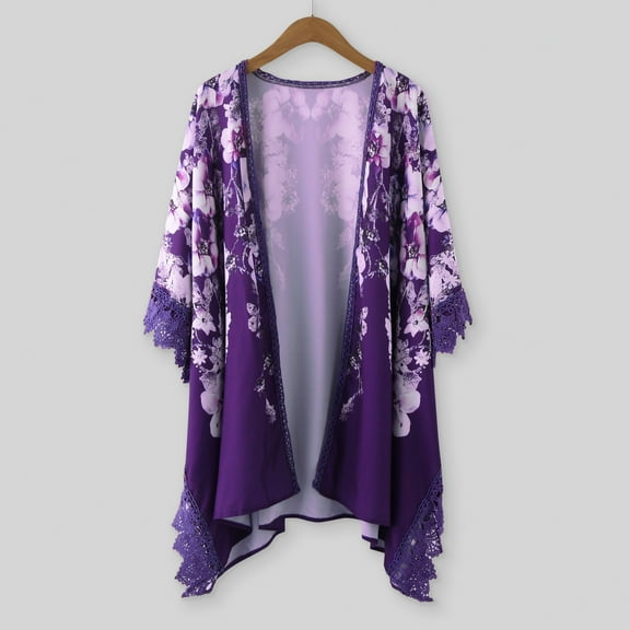 TANGNADE Women's Floral Print Puff Sleeve Kimono Cardigan Loose Cover up Casual Blouse Tops, Purple M