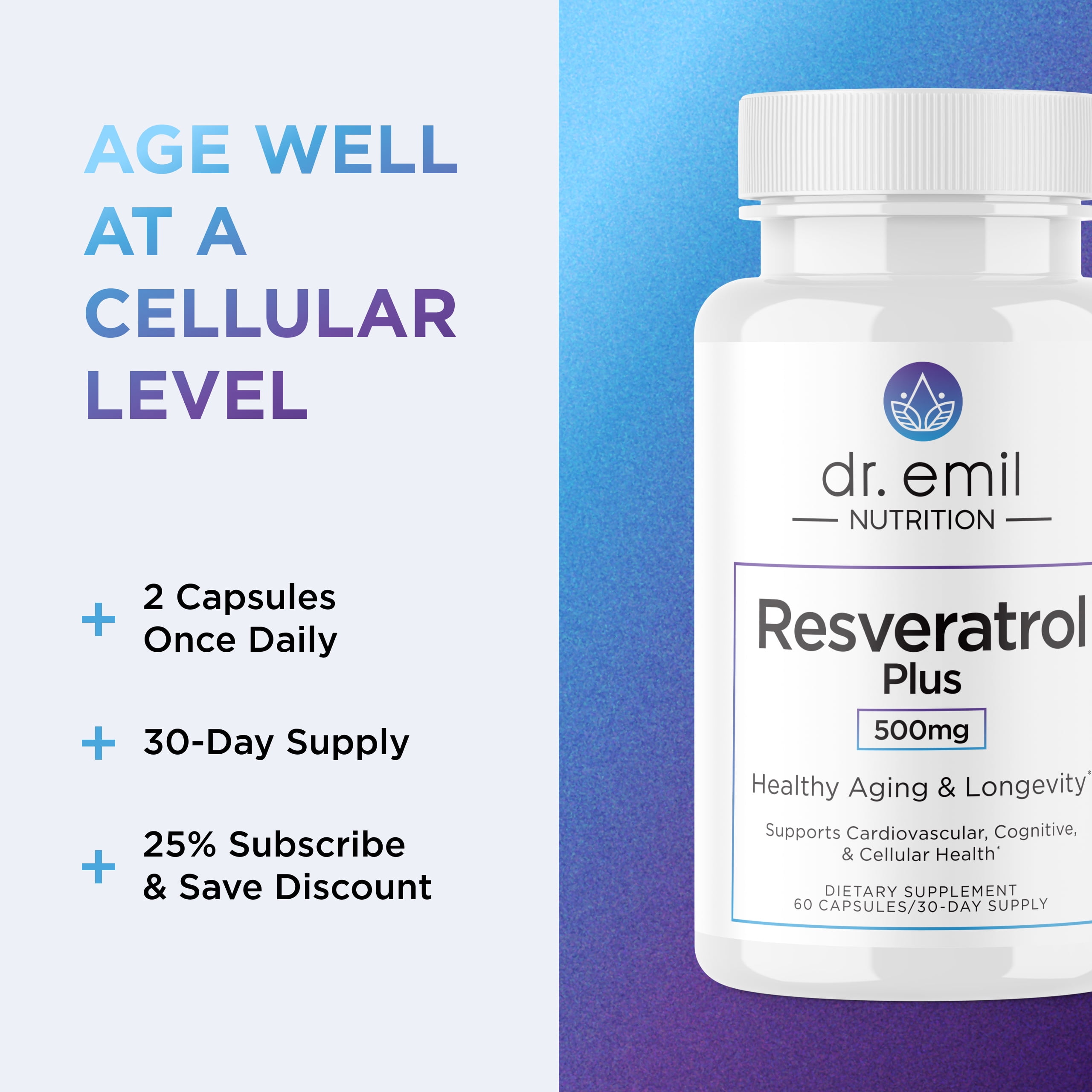 DR. EMIL NUTRITION Resveratrol Plus 500mg, 60 Ct, 30 Servings, 2 Pack