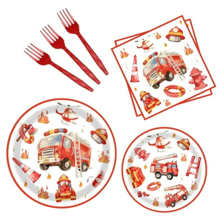 HYKE 96 Piece Firetruck Party Tableware Set Fire Engine Birthday Decor Firefighter Party Essentials